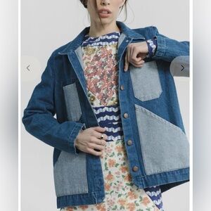 Carleen NWT TRIANGLE POCKET JACKET - TWO-TONE DARK RINSE Sz Large